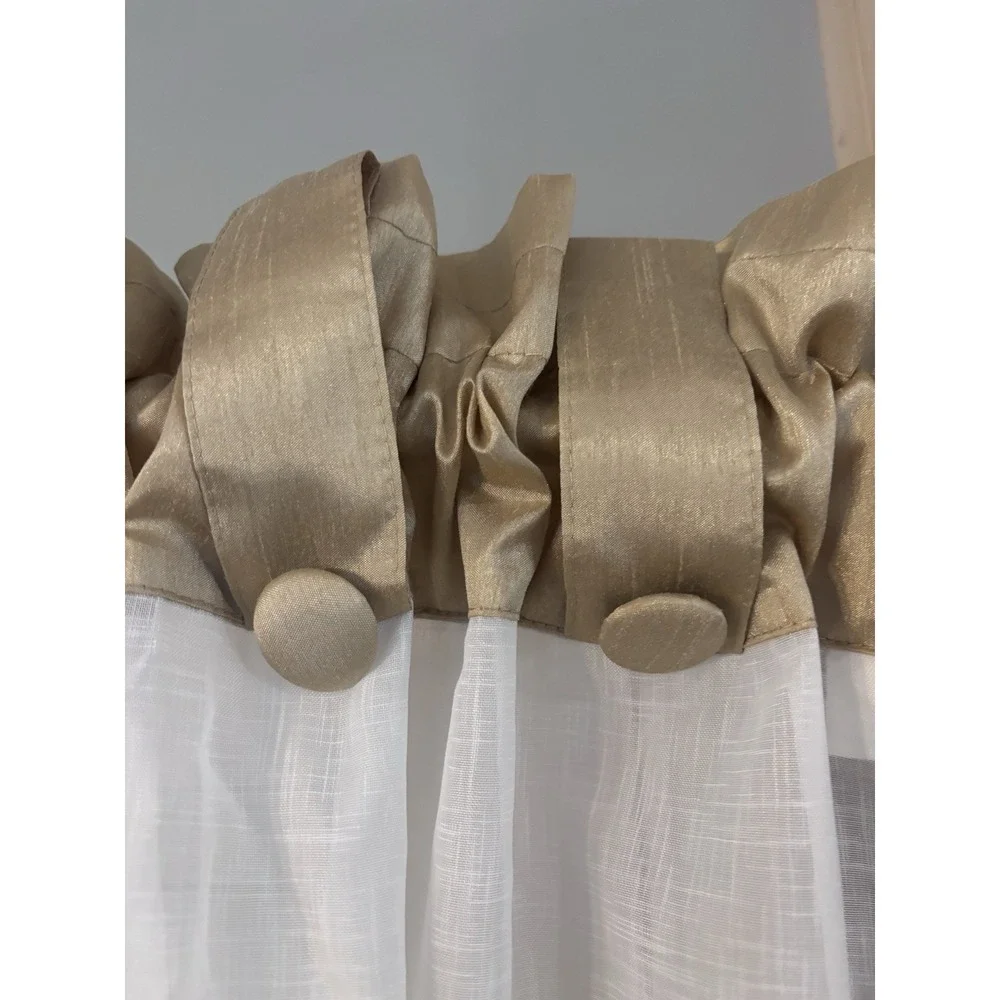 Sheer Curtain Tab Button Top Panels (4) White And Gold 60Wx63L Hollywood Regency